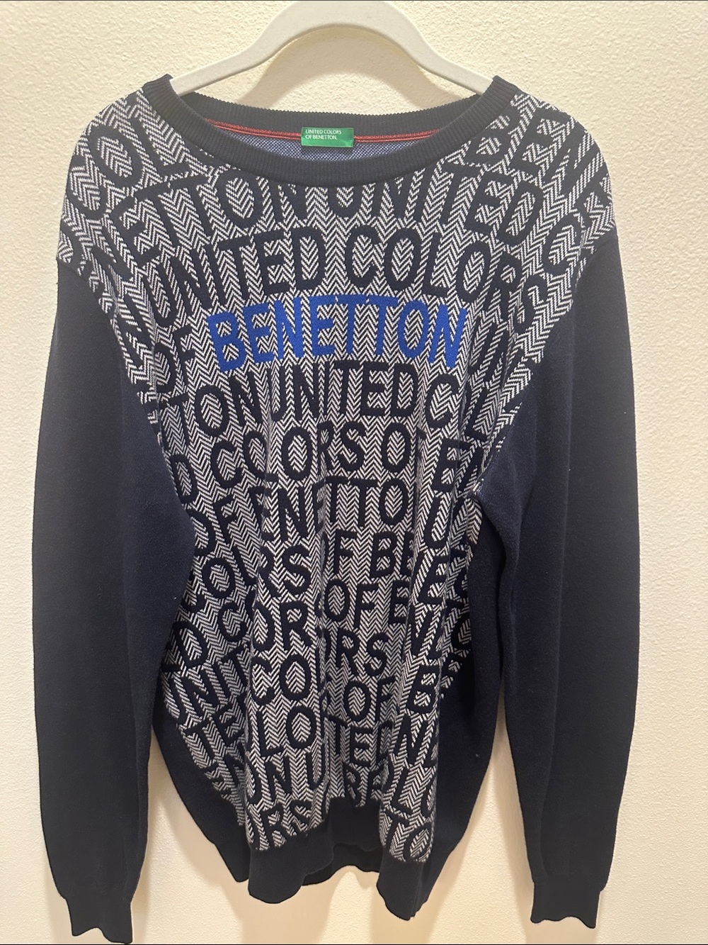 United Colors Of Benetton 100% Cotton Navy & White Logo Knit Sweater - Men’s